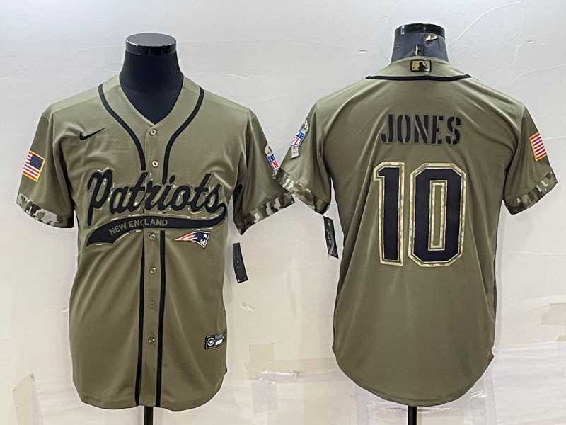 Mens New England Patriots #10 Mac Jones Olive 2022 Salute to Service Cool Base Stitched Baseball Jersey